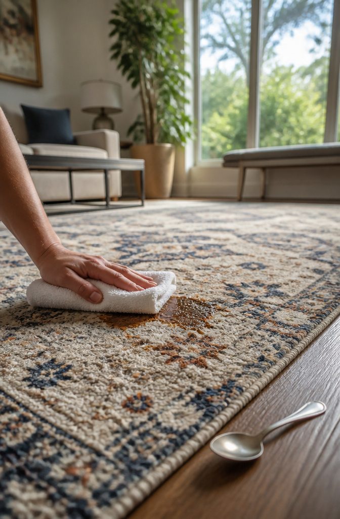 A clean cloth is pressed onto a spill on a mid-pile area rug.