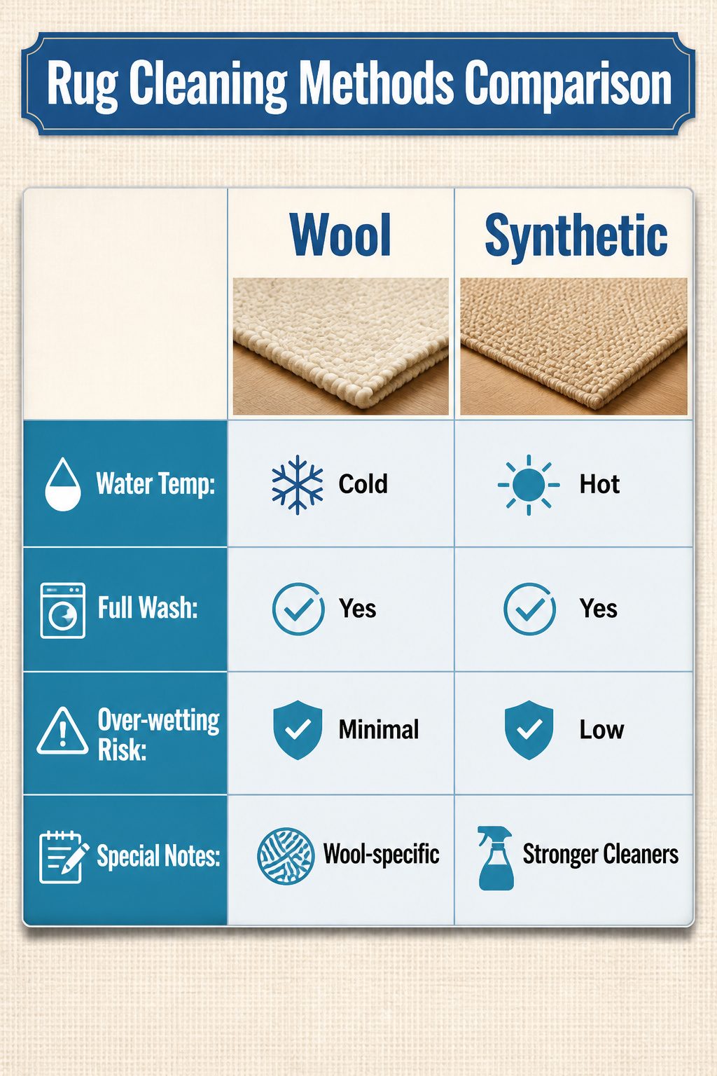A chart showing cleaning methods for different types of rugs.