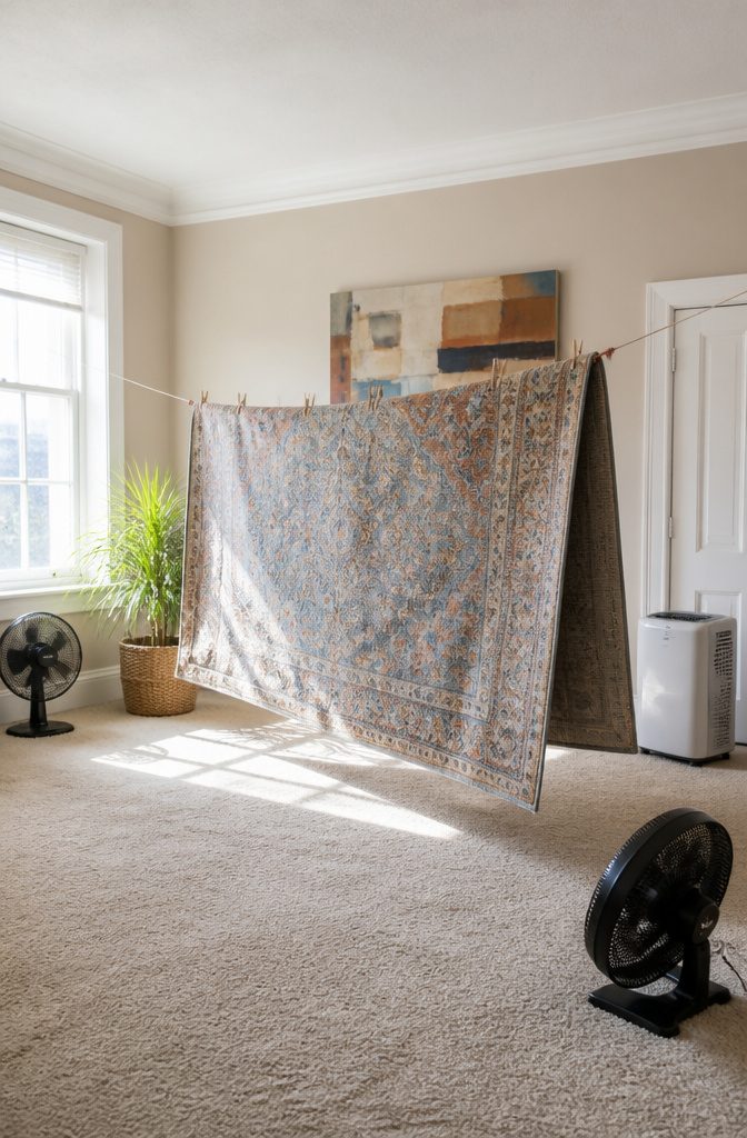 A rug is hung over a railing to dry thoroughly.