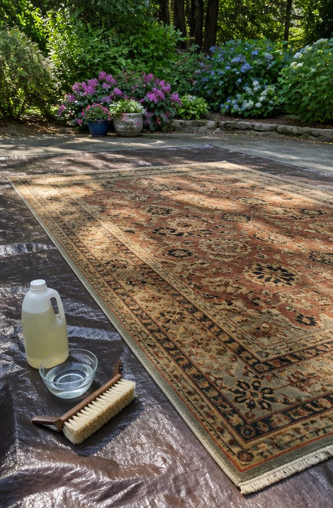 A large hand-knotted wool area rug on a tarp outdoors.