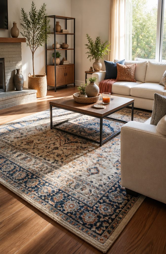 A plush area rug with a custom-cut rug pad in a sunlit room.