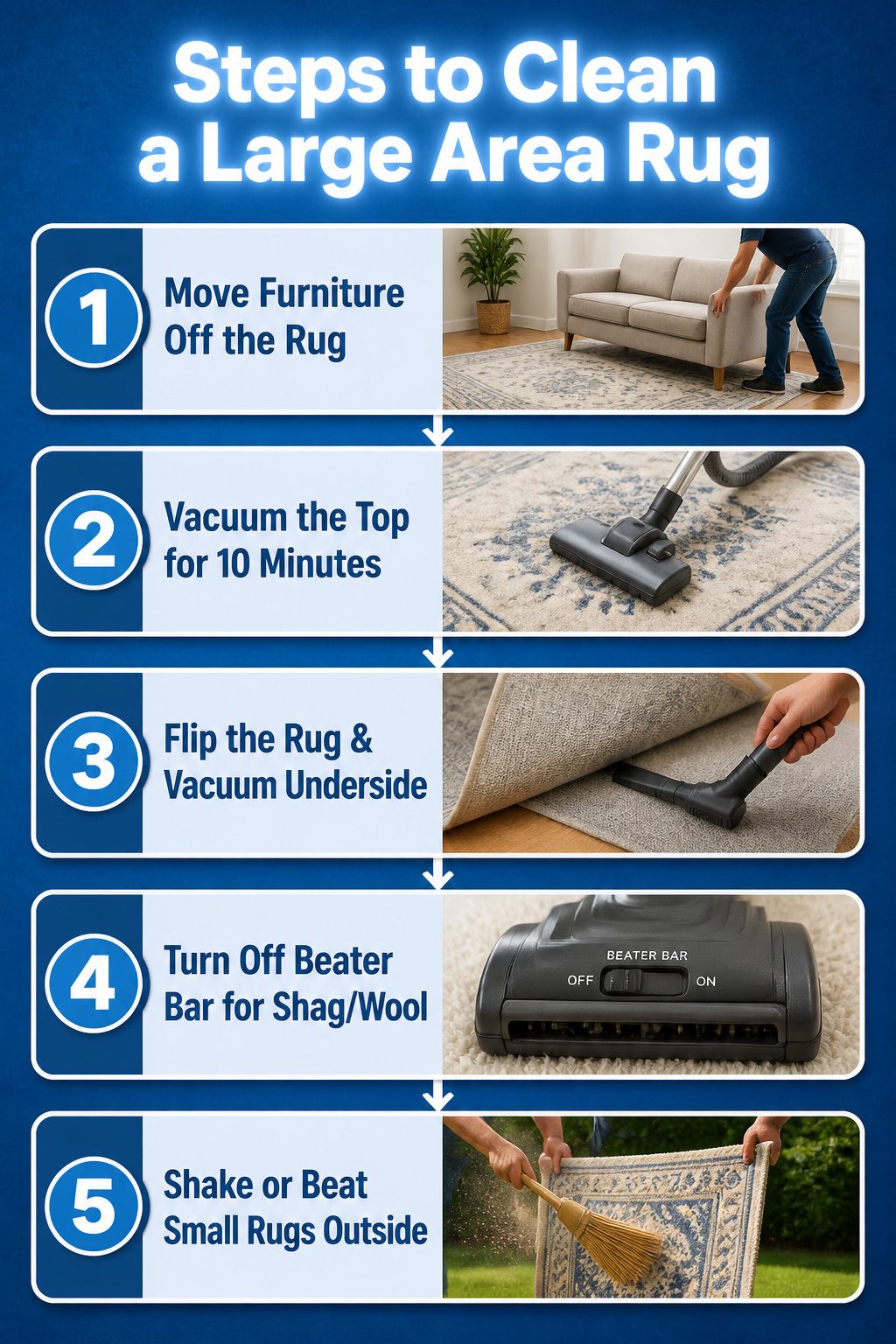 A vacuum cleaner is positioned next to a large area rug.