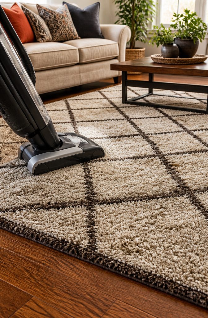 A vacuum cleaner is ready to fluff a dry area rug.