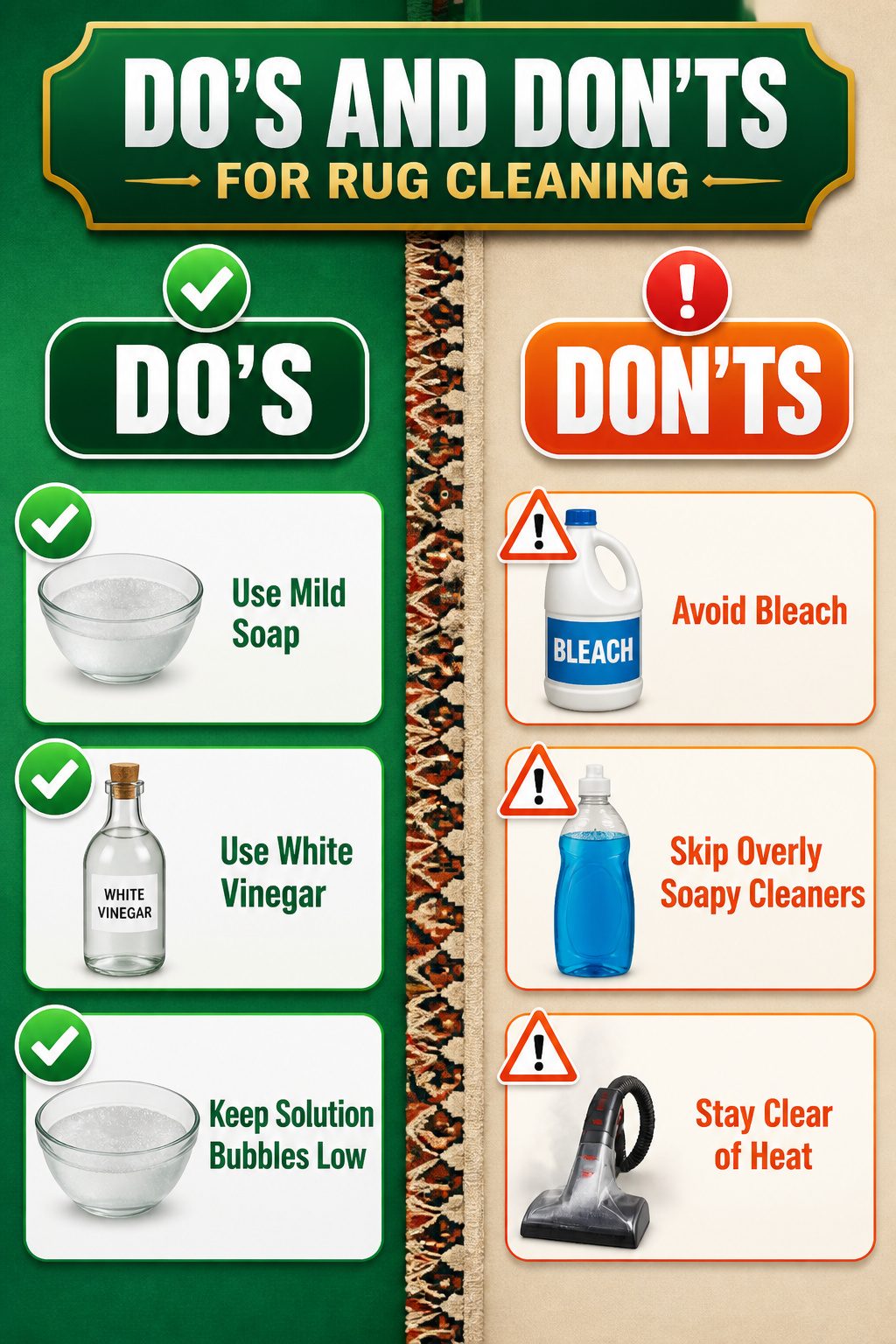 A visual guide highlighting dos and don'ts for cleaning rugs.