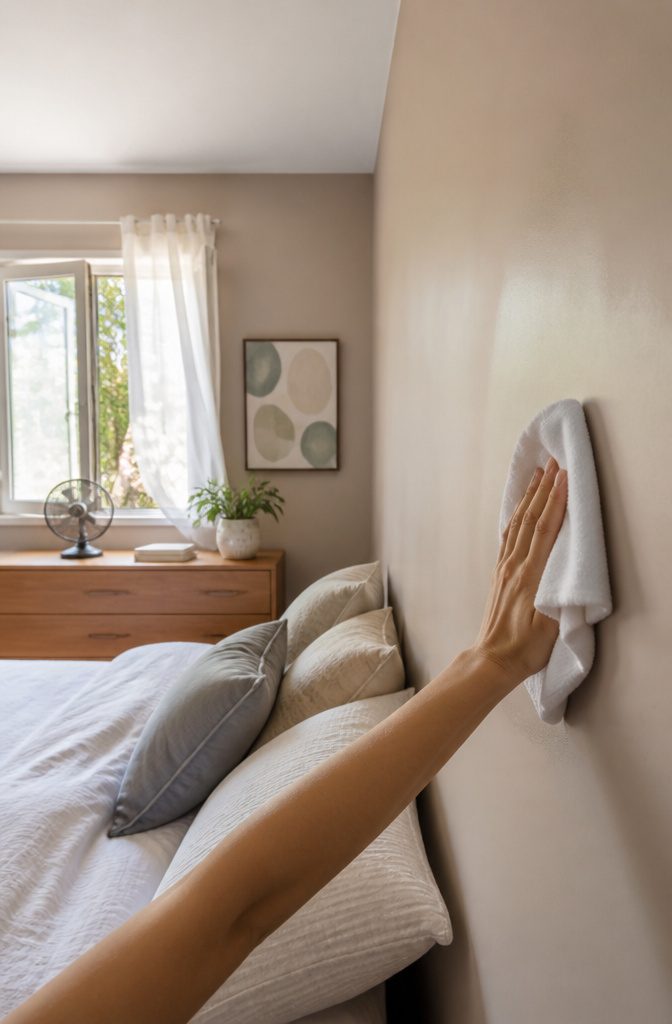 A cloth patting a freshly washed wall to dry it.