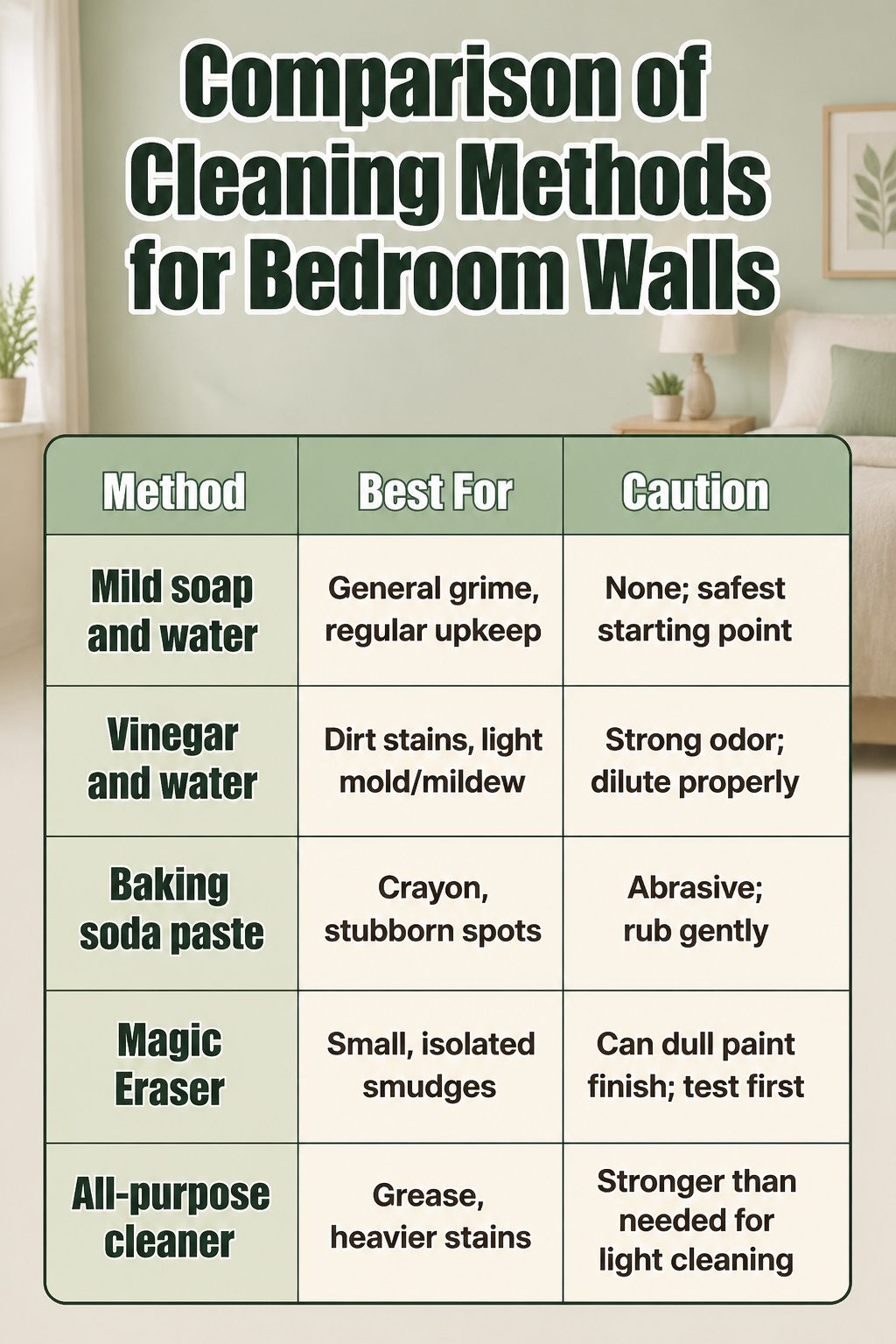 A chart comparing different cleaning methods for bedroom walls.