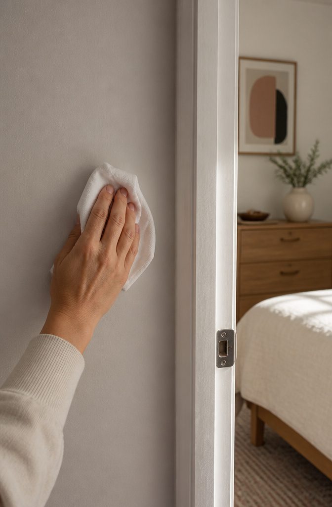A hand dabbing a cloth with cleaning solution on a wall.
