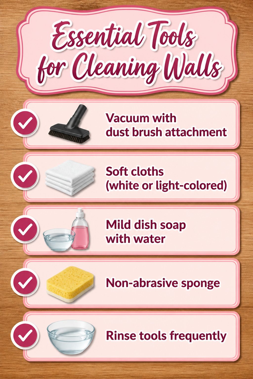 A collection of tools needed for cleaning bedroom walls.