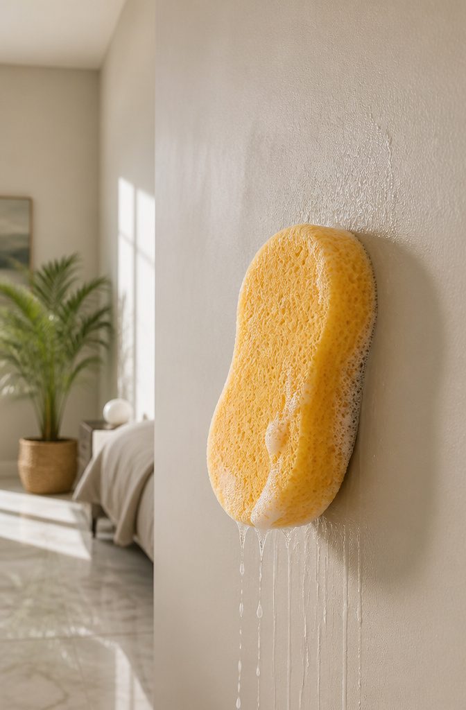 A sponge washing a wall with soapy water in circular motions.