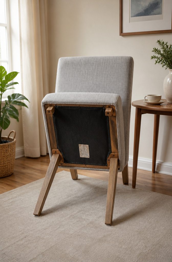 A close-up of a care label on a fabric dining chair.