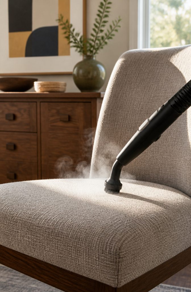 A handheld upholstery steamer in action on a fabric chair.