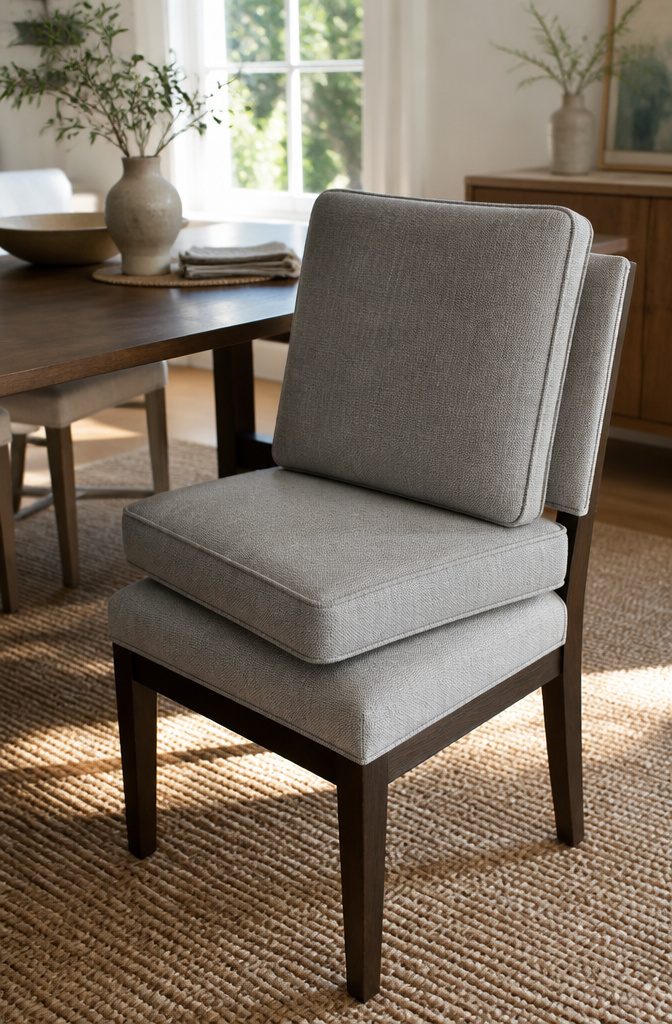 Cushions of a fabric dining chair flipped and rotated for maintenance.