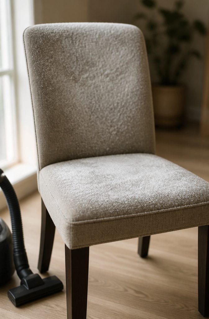A layer of baking soda spread across a fabric chair seat.