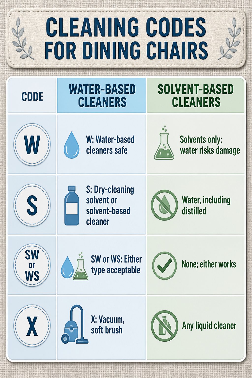 An infographic detailing cleaning codes for dining chairs.