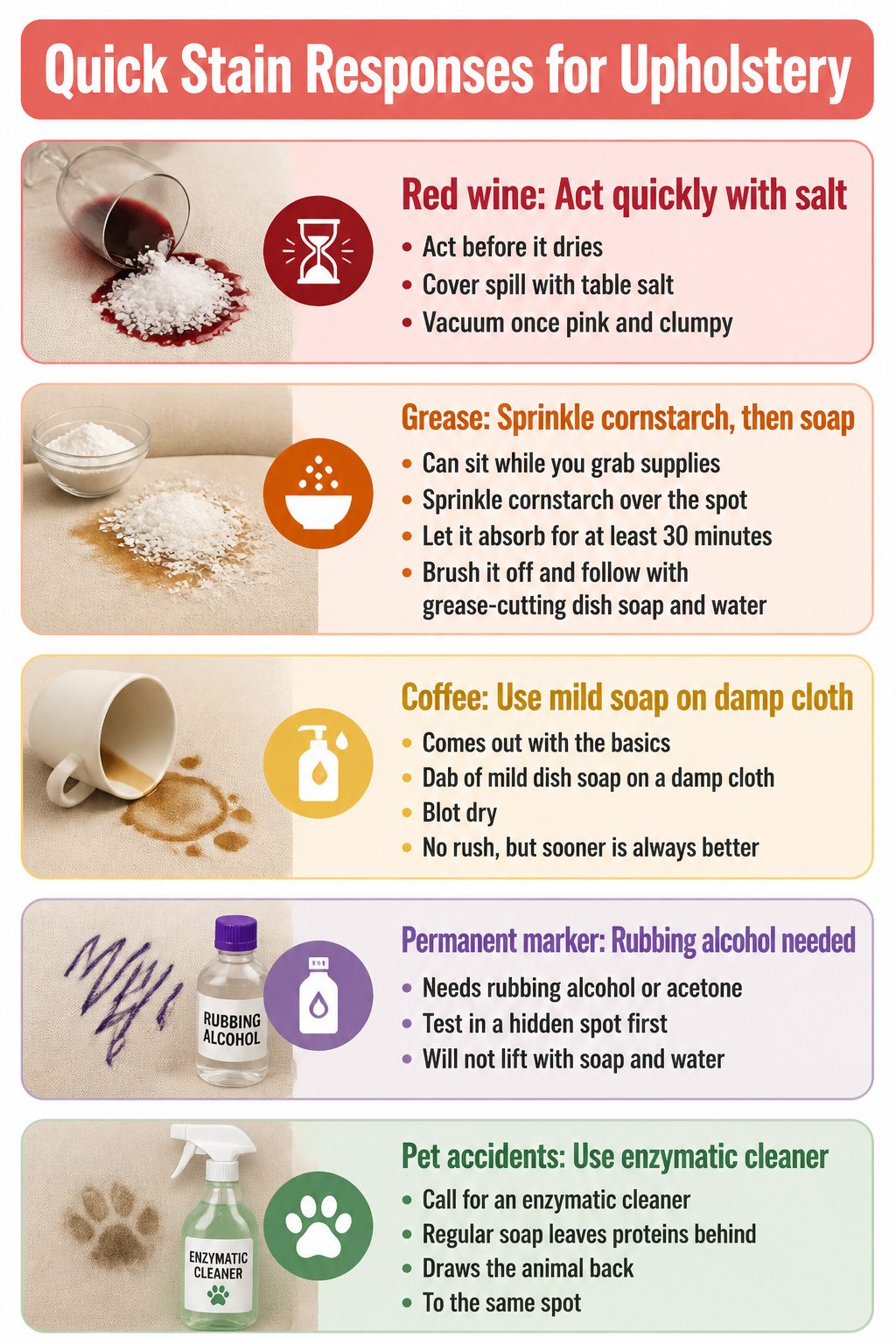 A chart showing quick responses for various upholstery stains.