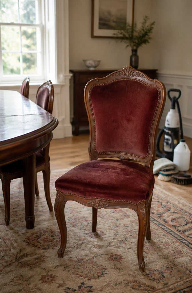 An antique fabric dining chair with signs of wear and cleaning tools.