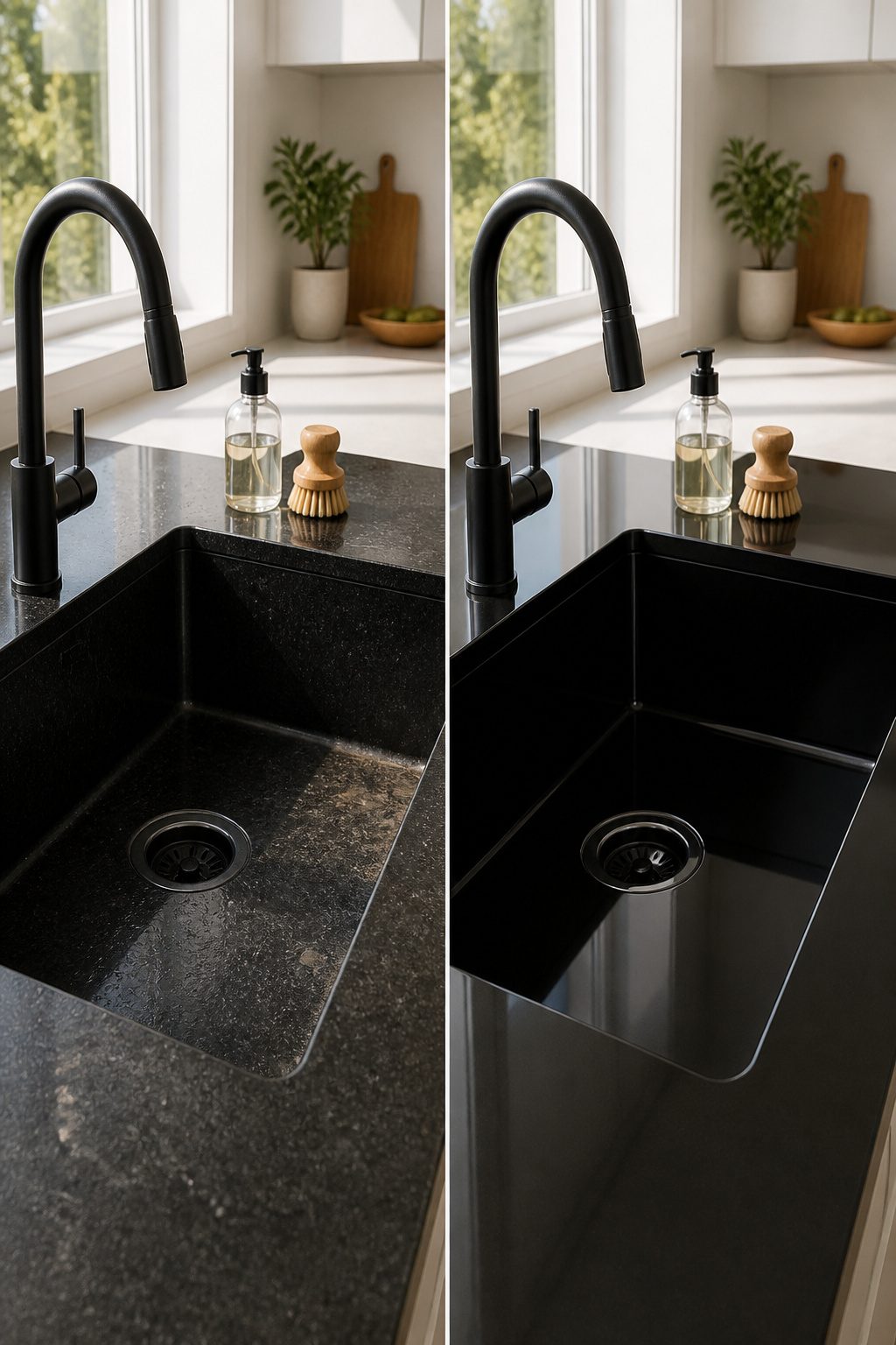 Black granite sink showing water spots and soap residue.