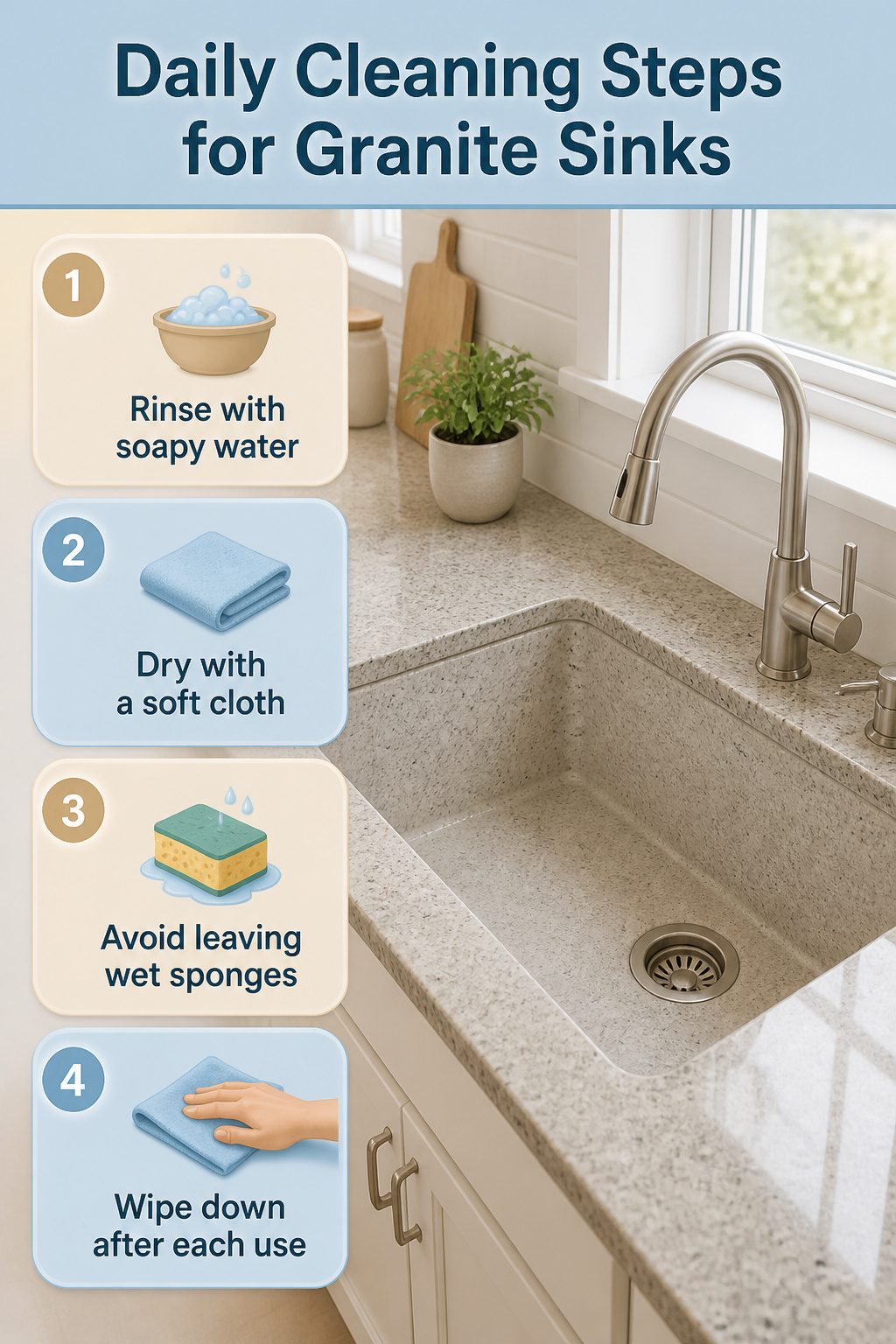 Daily cleaning steps for granite sinks with a soft cloth and soapy water.