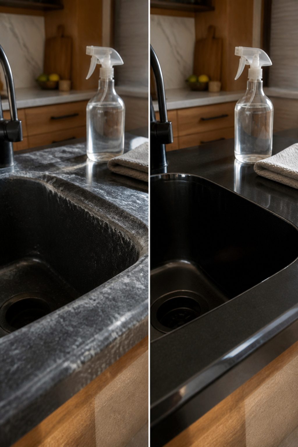 Bottle of vinegar and water mixture for cleaning hard water stains.