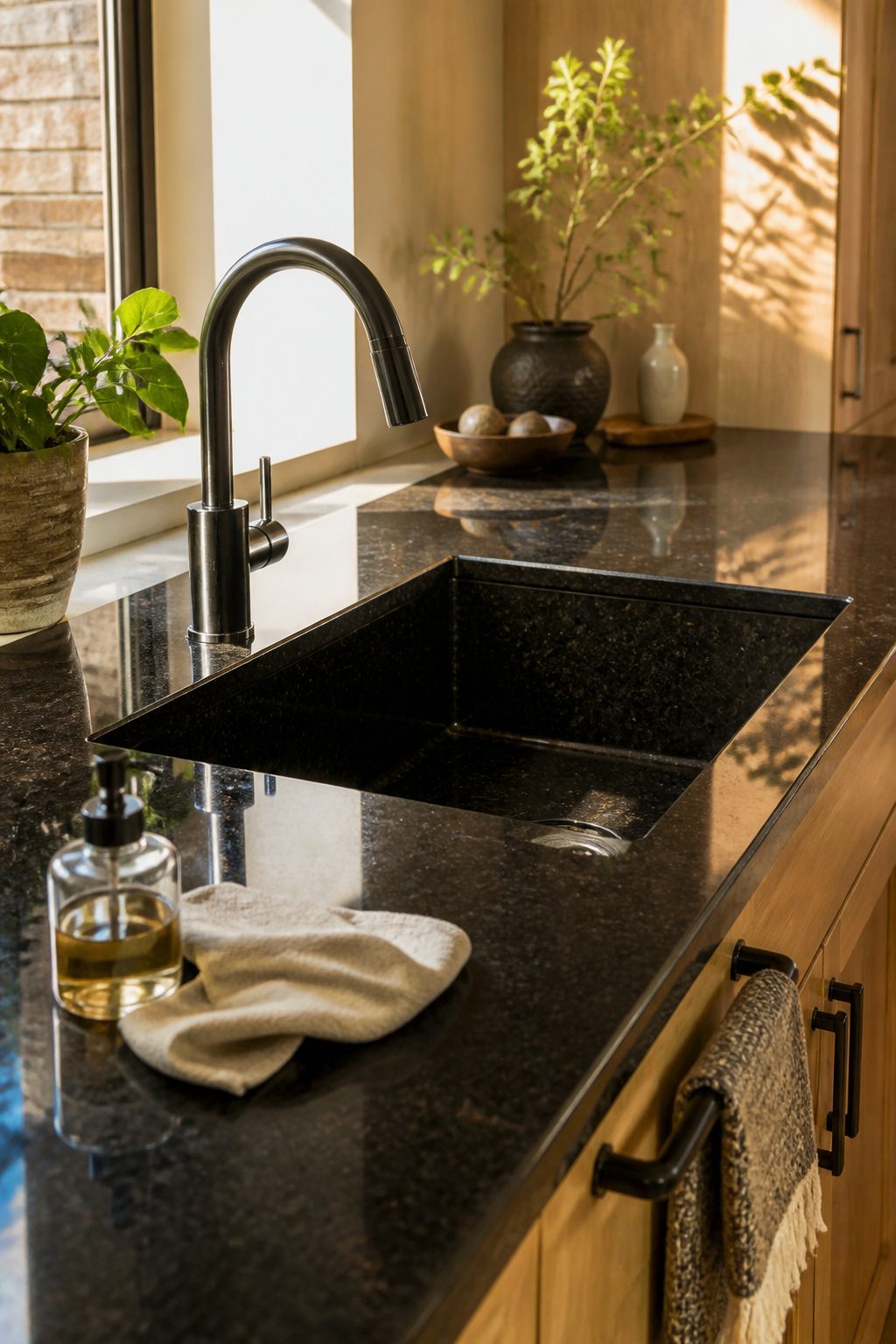 Granite sink with a glossy finish after applying mineral oil.