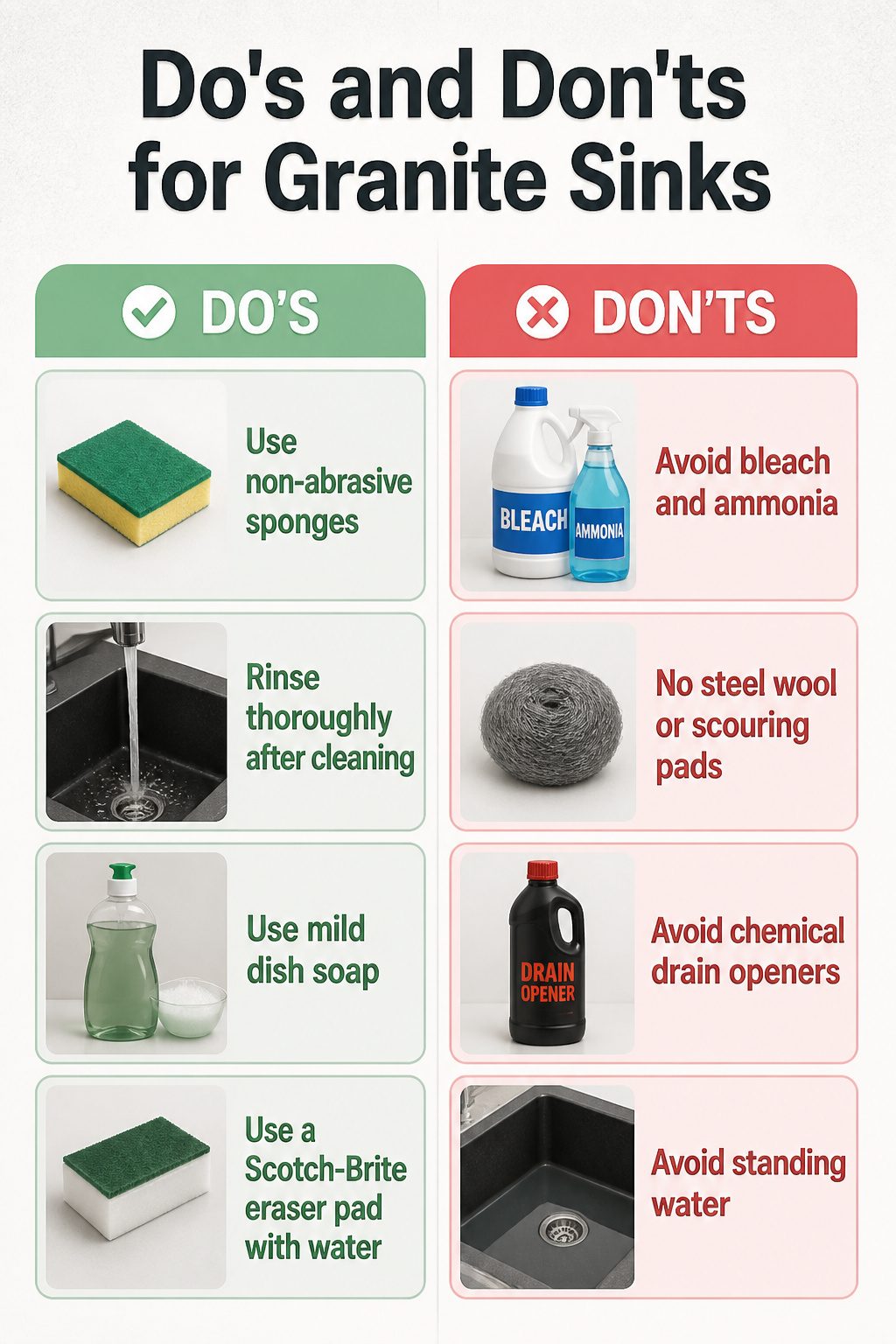 List of do's and don'ts for maintaining granite sinks.