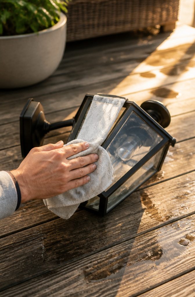 Hand using a dry cloth to wipe down a glass panel on a patio.