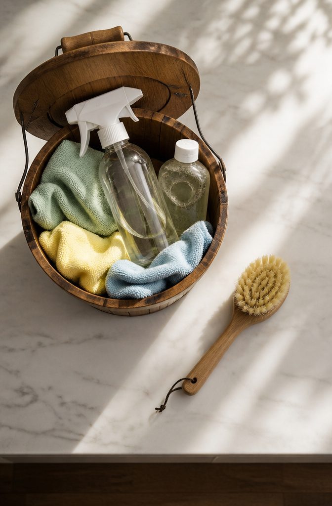 Microfiber cloths, dish soap, and a soft brush in a small bucket.