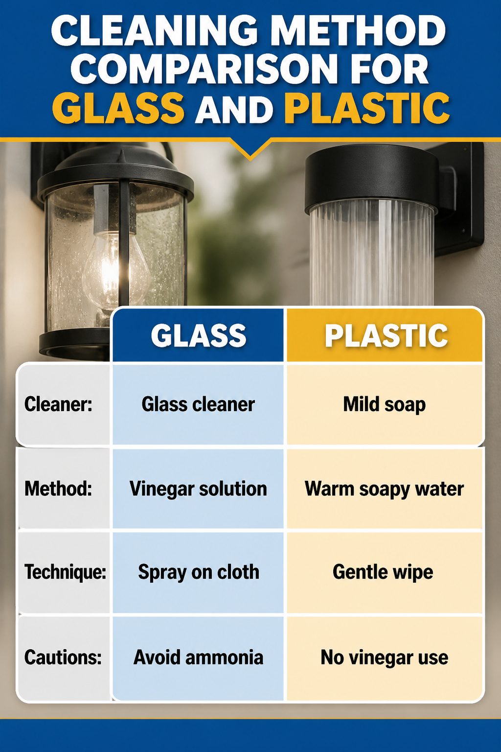 Comparison of cleaning methods for glass and plastic lighting fixtures.
