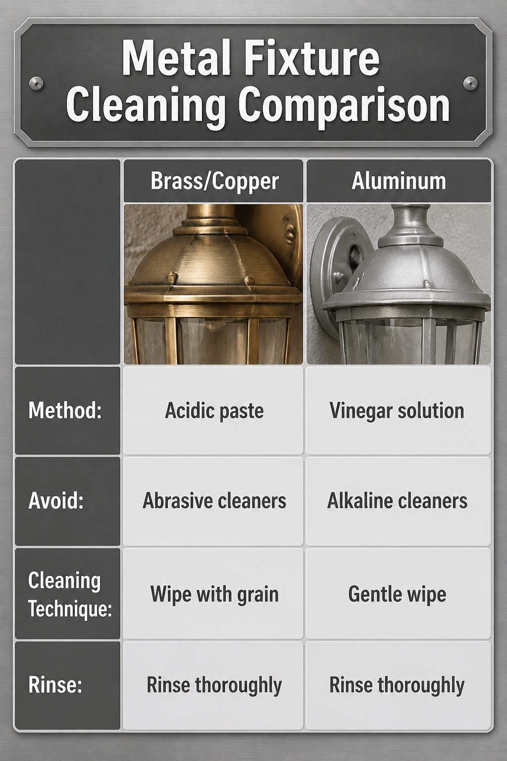Comparison of cleaning methods for metal lighting fixtures.