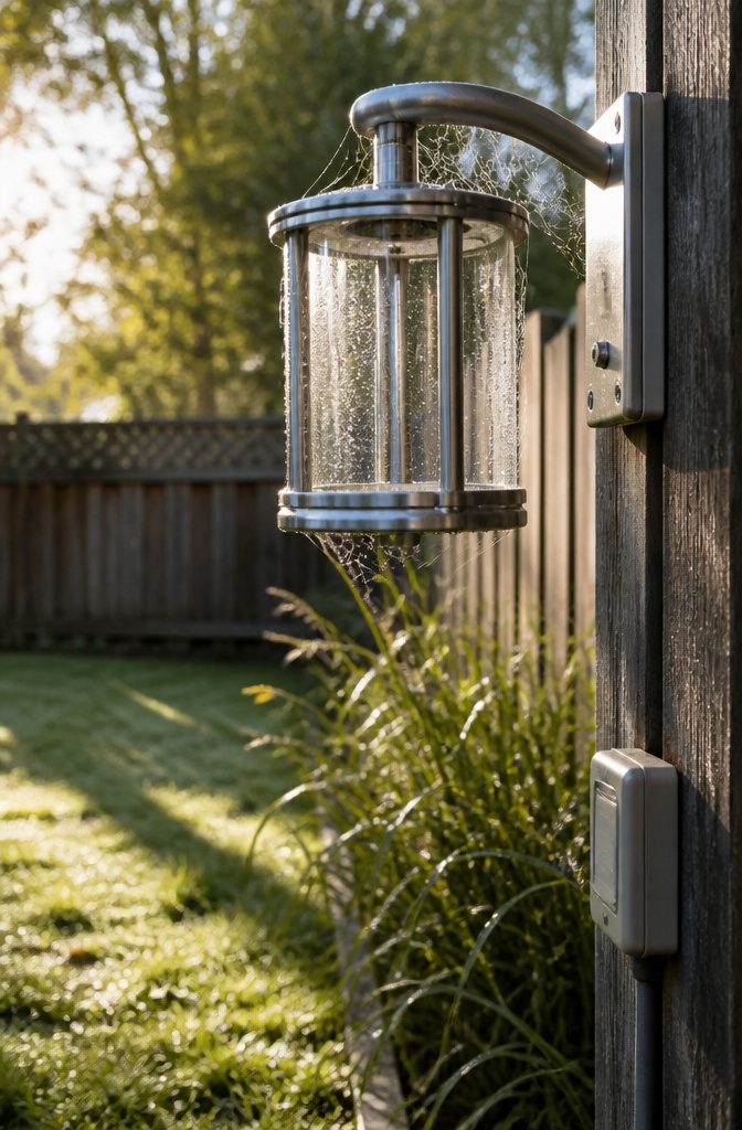 Close-up of an outdoor light fixture suspended from a bracket.