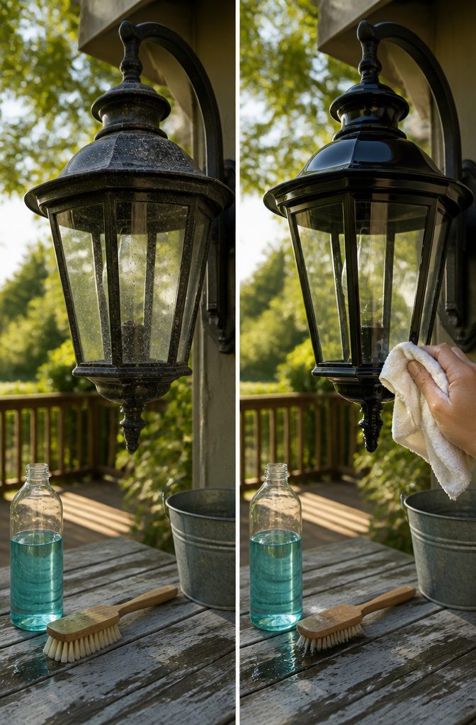 A soft cloth wipes down an outdoor light fixture with soapy water.