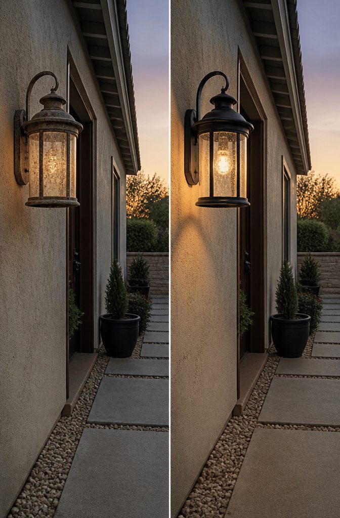 A before and after image showing clean outdoor lighting fixtures.