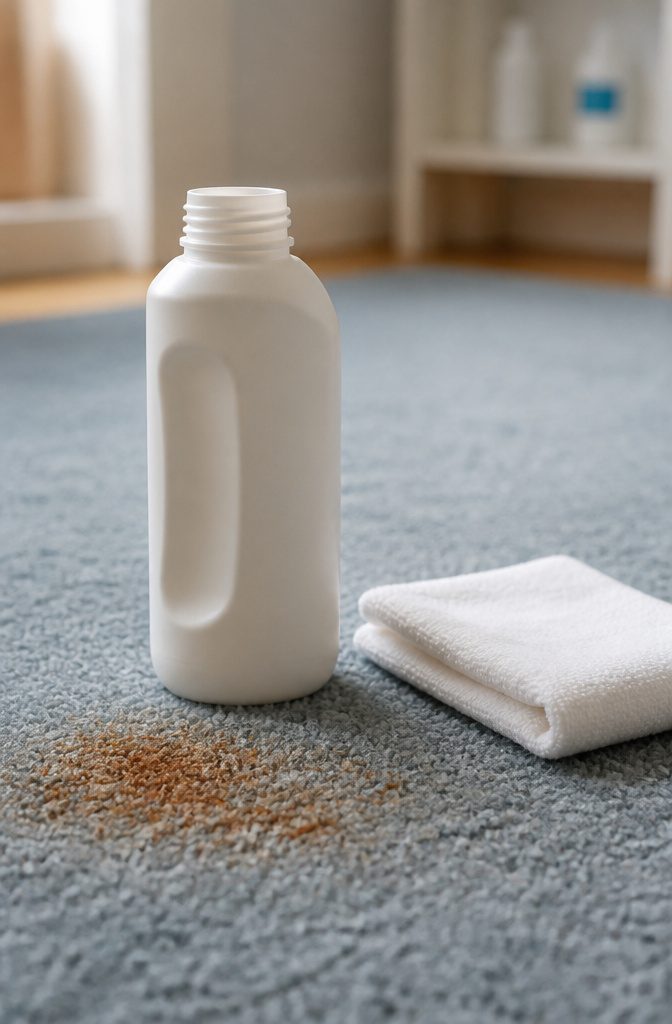 Bottles of Whink and Magica rust removers on a carpet.