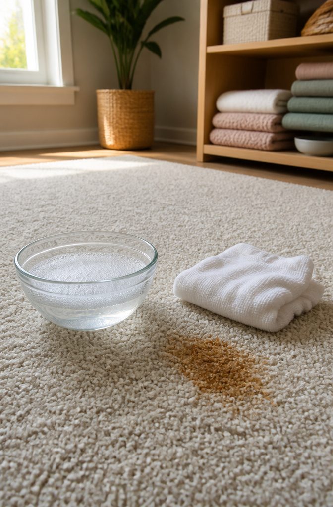 Bowl of soapy water beside a stained light carpet.