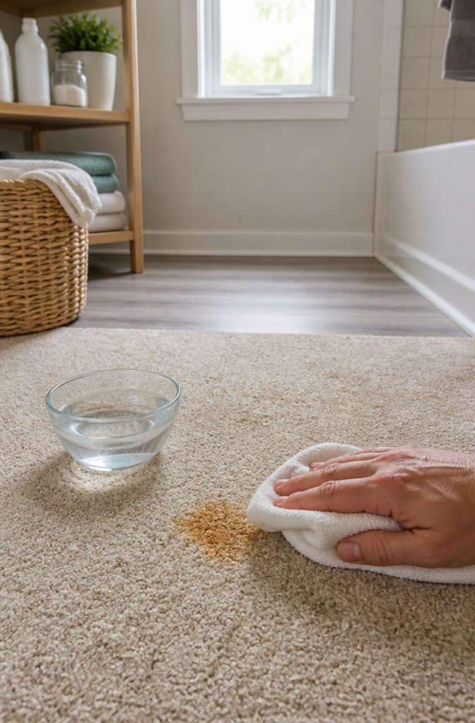 Damp cloth pressed against a rust-stained beige carpet.