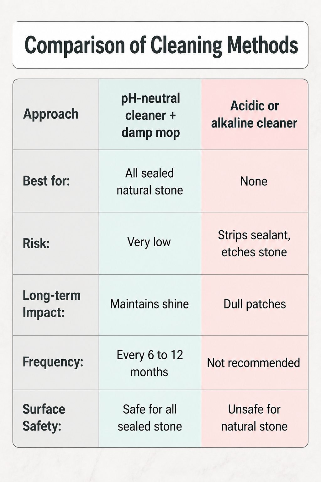 Chart comparing cleaning methods for natural stone floors.