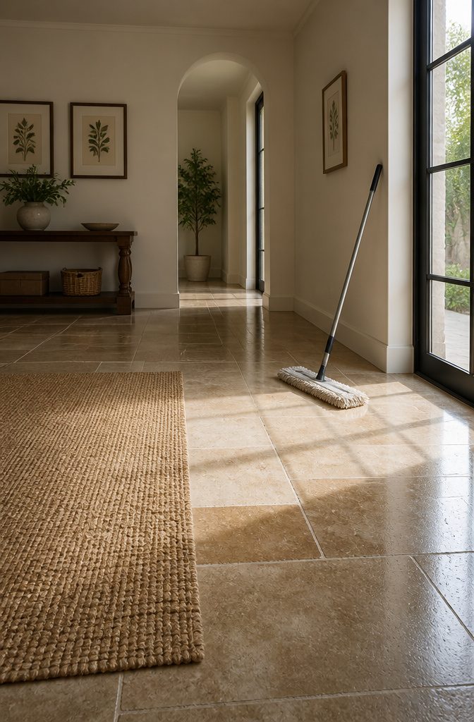 Dry microfiber mop ready for daily stone floor maintenance.