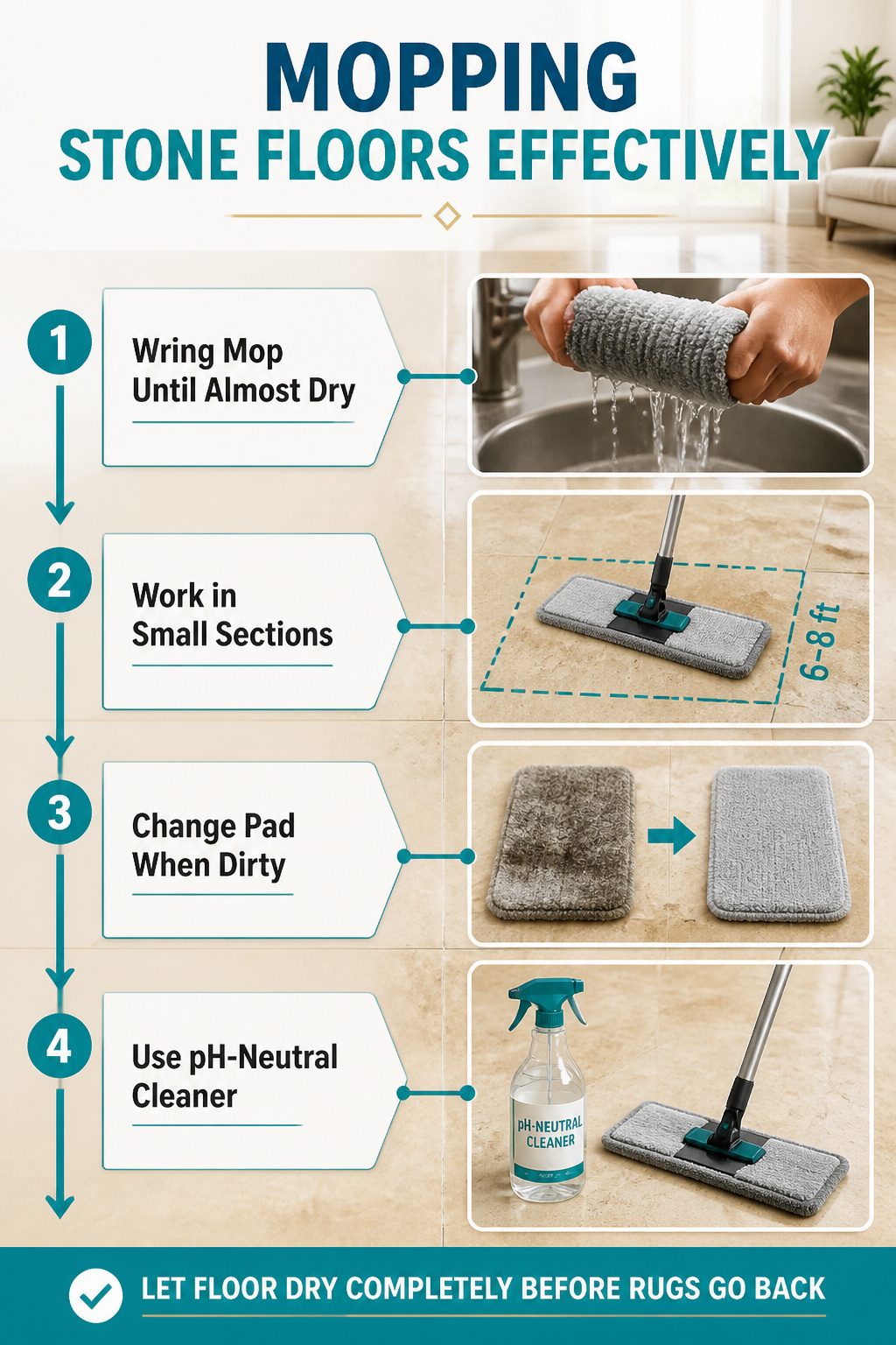 Damp microfiber mop ready for cleaning stone floor.