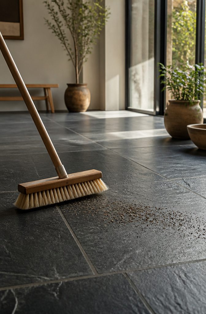 Soft-bristled broom sweeping dirt from dark slate surface.