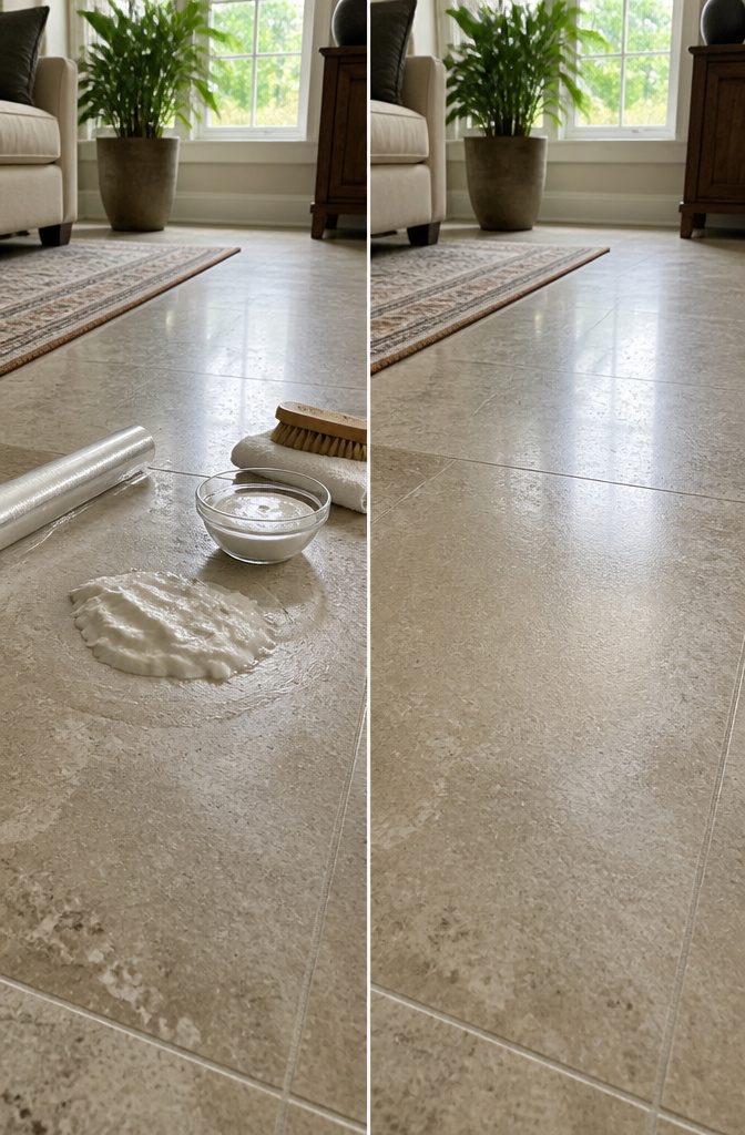 Baking soda poultice applied to a stained area of stone.