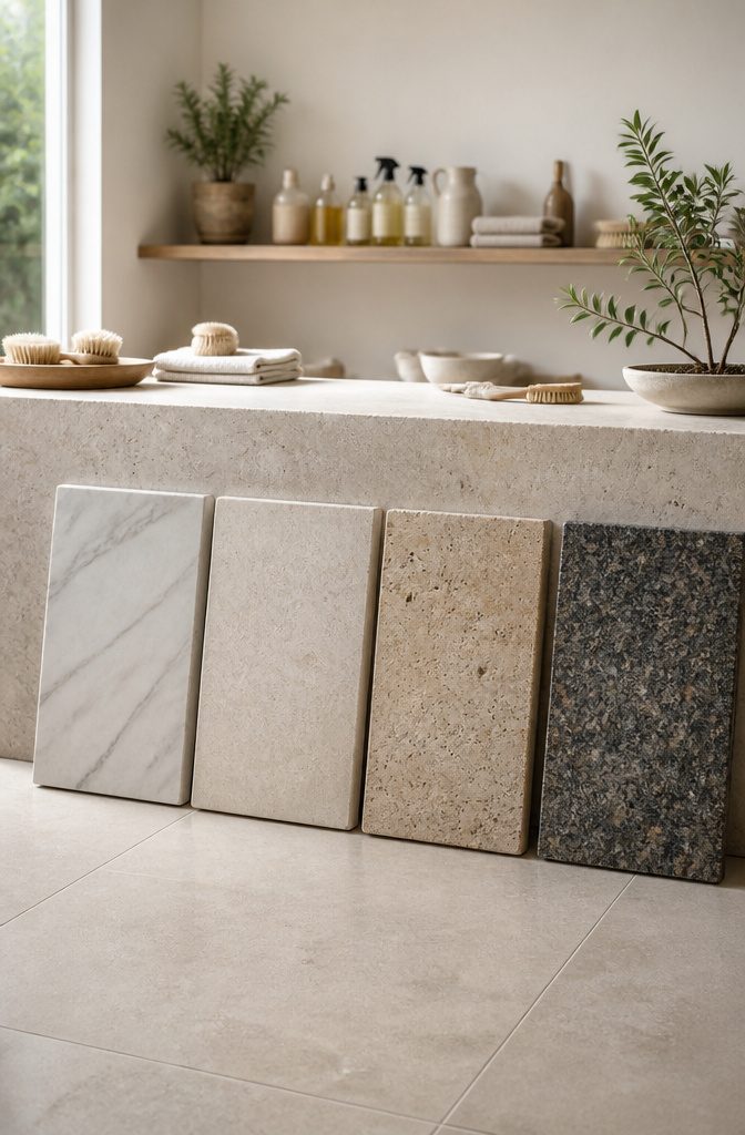 Samples of marble, limestone, travertine, and granite on a countertop.