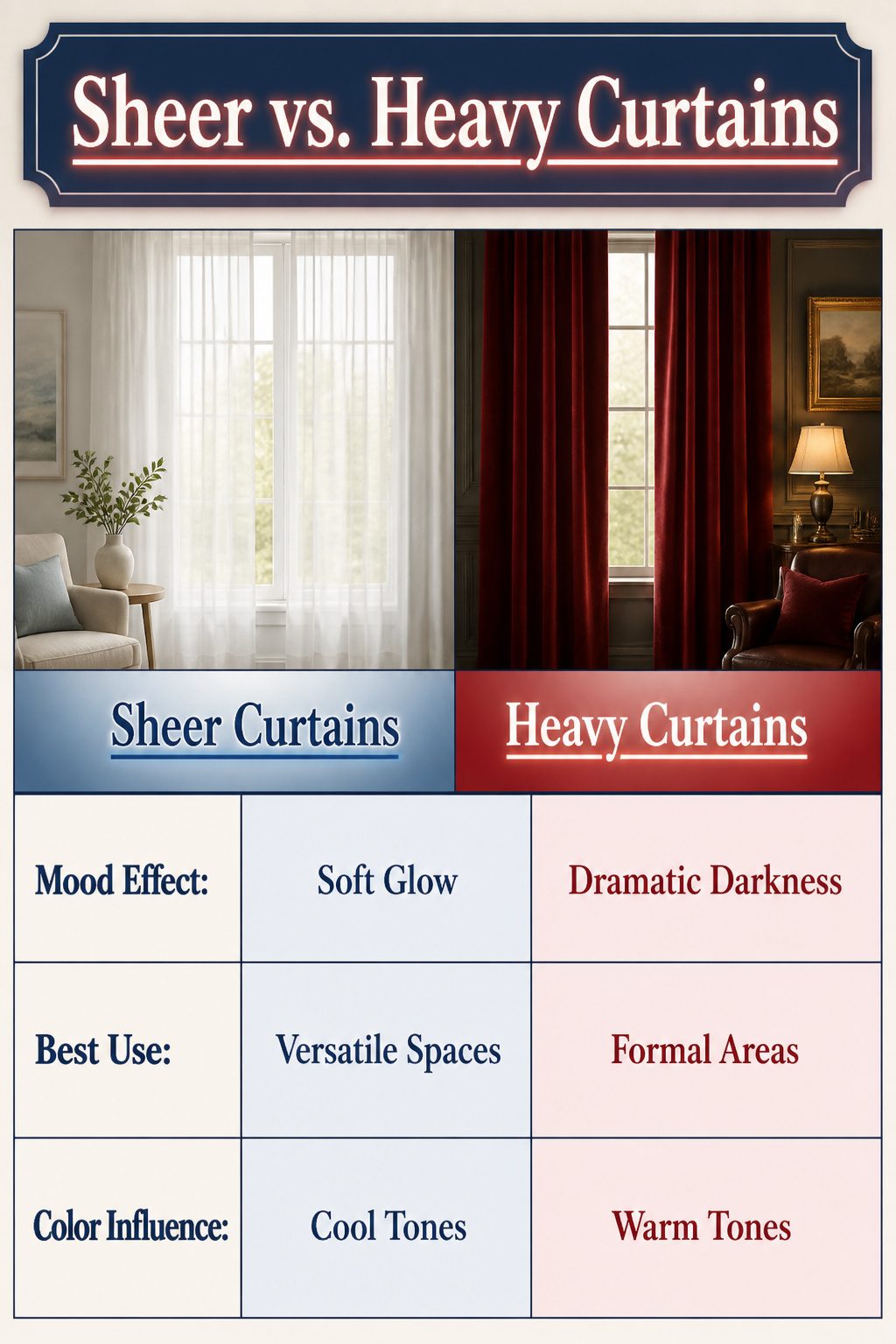 Comparison of sheer and heavy curtains in different colors.