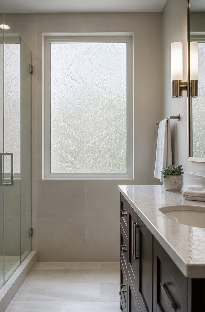 A bathroom window covered with frosted decorative film.