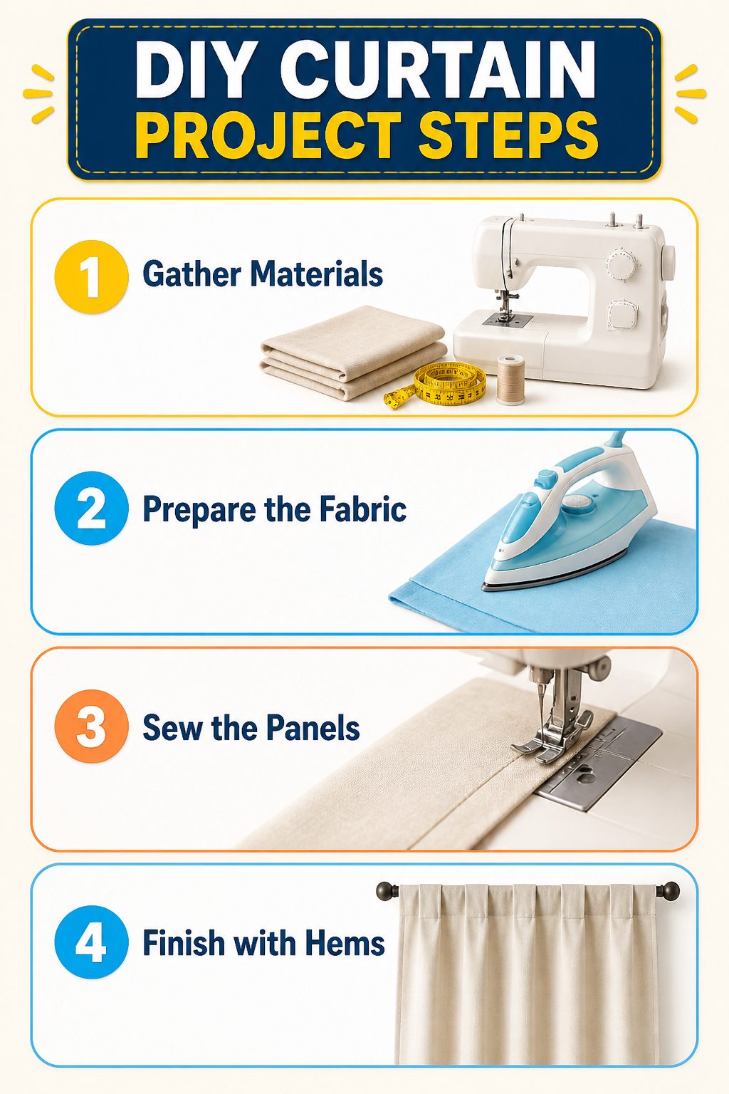 Steps for a DIY curtain project using fabric.