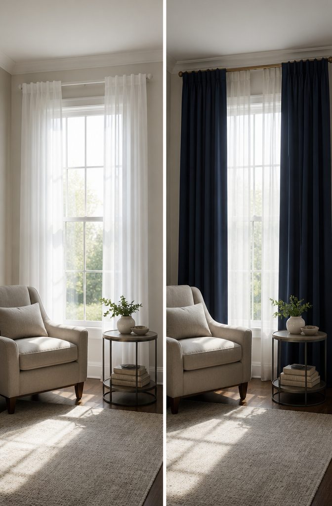 A window showcasing layered sheer curtains and heavy drapes.