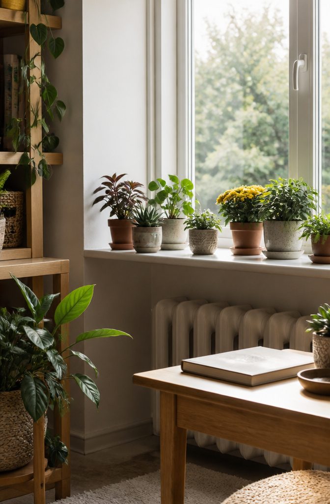 Various small potted plants on a bright window sill.