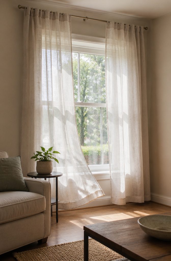 Sheer curtains framing a living room window with soft light.