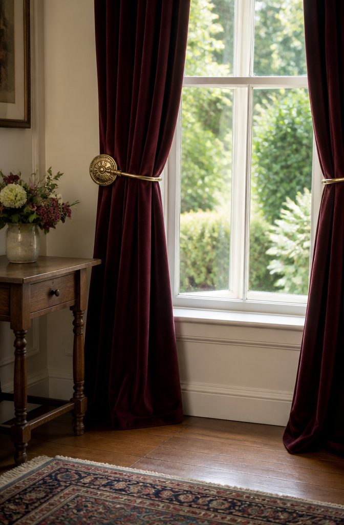 Rich burgundy drapes held back with vintage metal holdbacks.