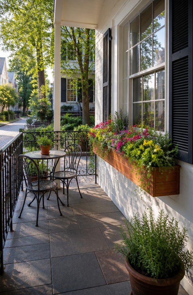 Window boxes filled with vibrant flowers and plants outside a house.
