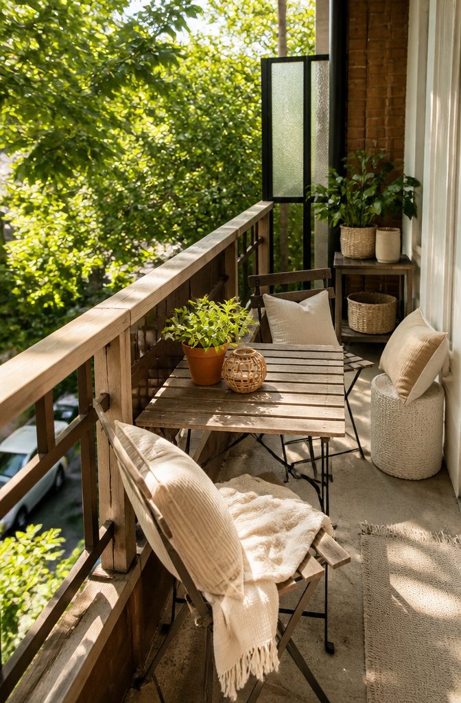 Cream and tan cushions on a wooden table and metal chairs.